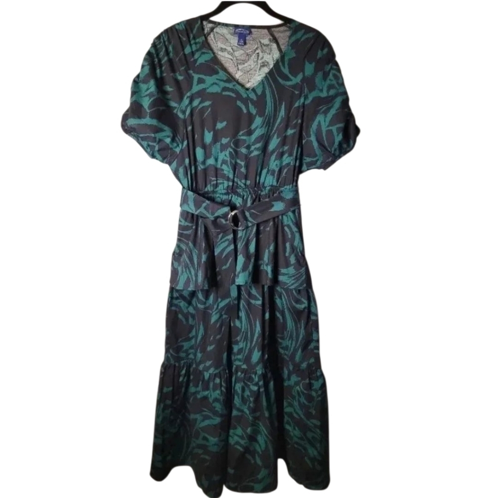 SCOOP Black and green ruched bubble sleeve peplum tiered ruffle Midi Dress, sz S
